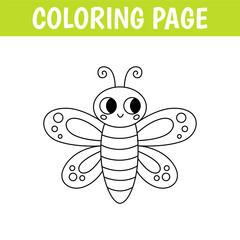 Insect coloring page, cute print with line butterfly. Printable worksheet with solution for school and preschool. Vector cartoon illustration.