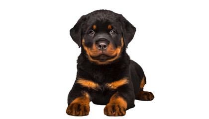 Cute Rottweiler puppy, isolated on transparent background.