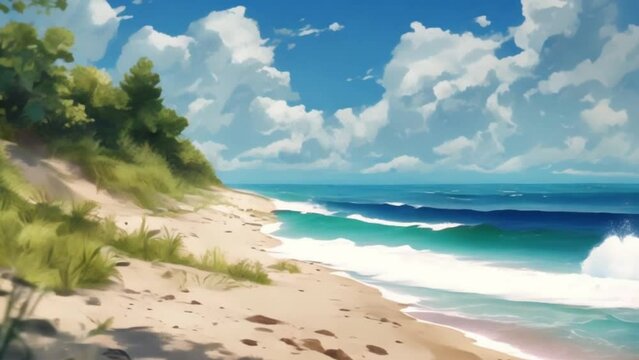anime style background video, beach with beautiful waves
