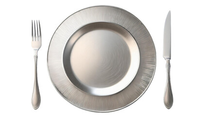 Stainless steel plate with knife and fork isolated on transparent background
