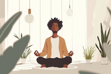 man meditating peacefully with eyes closed against light modern interior, embodying concepts of wellness, mental health, and spiritual retreats, flat illustration.