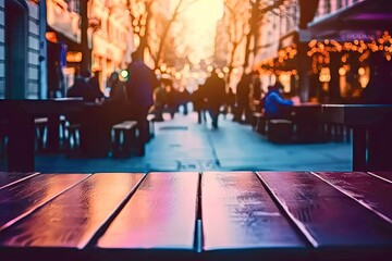 Table set on vibrant city street person walking by with blurred bokeh lights in background...