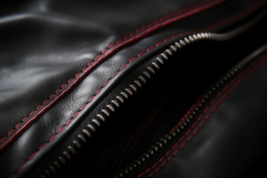 Leather red zipper. Fashionable and metallic buckle with bright lines. Generate AI