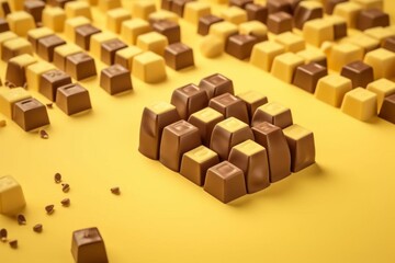 3D cubes of milk chocolate isolated on a mustard background. Generative AI