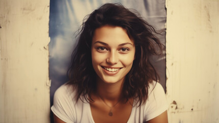 Fototapeta premium Vintage Retro Shot Portrait Smiling Young Adult Brunette Woman with Curly Hair in Studio. Old Archive Photo. Warm Colors. Happiness and Freedom Concept. Blurry, Defocus, Selective Focus.