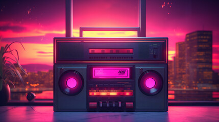 Retro Boombox Outdated Portable Radio Receiver with Cassette Recorder from Eighties in Pink Colors. Background Colorful Sky and City. Rap, Hip Hop, Pop Music. Vintage Audio Player. Radio Day Concept - obrazy, fototapety, plakaty