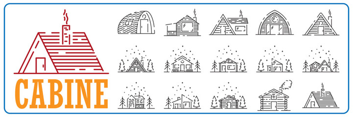 Log Cabin Vector Line Icon set. Winter, spring or autumn wooden house and camping