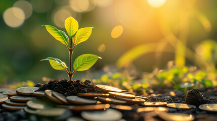 Plants growing on a pile of coins, saving and investment for financial freedom and retire concept - obrazy, fototapety, plakaty