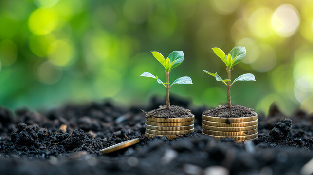 Plants growing on a pile of coins, saving and investment for financial freedom and retire concept
