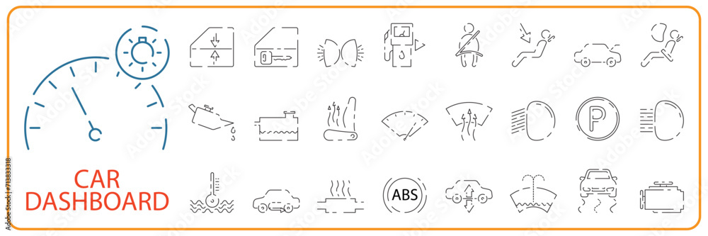 Wall mural car dashboard sign line icon set. vector airbag, warming, engine, warning signs. outline style icon 