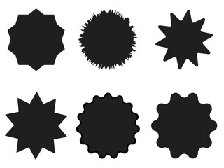 Set of vector starburst, sunburst badges. Nine different forms. Simple flat style Vintage labels. Design elements. Black and white stickers. A collection of different types icon