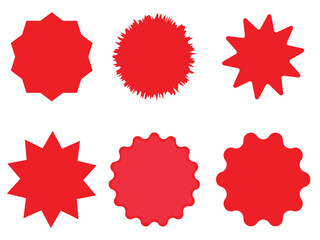 Starburst red sticker set - collection of special offer sale round and oval sunburst labels and buttons isolated on white background. Stickers and badges with star edges for promo advertising