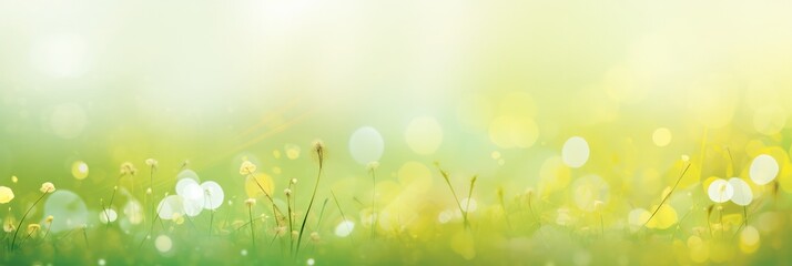 Fototapeta na wymiar Abstract spring background with light pastel green yellow and gold particle flowers on lawn. Golden light shine sun rays bokeh on wallpaper backdrop. Freshness new life copy space for design