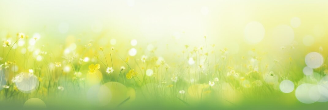 Abstract spring background with light pastel green yellow and gold particle flowers on lawn. Golden light shine sun rays bokeh on wallpaper backdrop. Freshness new life copy space for design © m