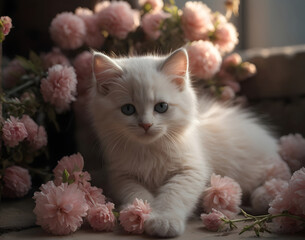 Naklejka na ściany i meble Little cute kitten with a wreath of pink flowers. Created with Generative AI technology