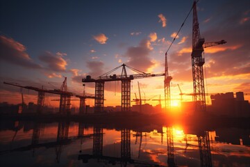Tower cranes amidst city buildings. sunset, silhouettes, and real estate development