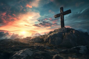 Sacred Sunrise: Cross on a Mountain Peak