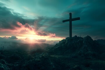 Sacred Sunrise: Cross on a Mountain Peak