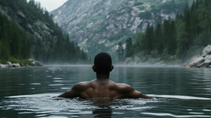African American man swimming in a mountain river 