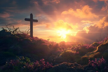 Sacred Sunrise: Cross on a Mountain Peak