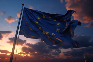 Stunning european flag silhouetted against a magnificent sunset over the horizon - obrazy, fototapety, plakaty