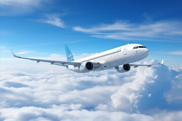 Fototapeta na wymiar Vibrant panoramic blue sky background with commercial airplane soaring through the clouds