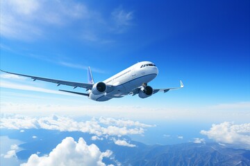 Panoramic blue sky background with flying airplane for travel and aviation concepts