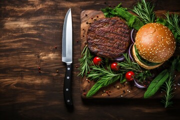 Classic american burger. hamburger with knife on slate board. Traditional fast food with copy space - obrazy, fototapety, plakaty