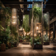 Fototapeta premium Hall with flower pots created with Generative Ai