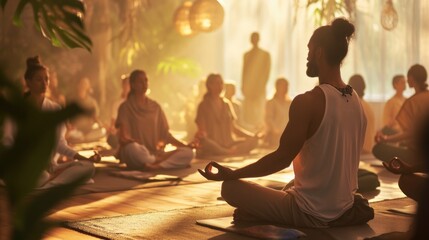 Image of African American charismatic yoga instructor leading a group through a serene practice  - obrazy, fototapety, plakaty
