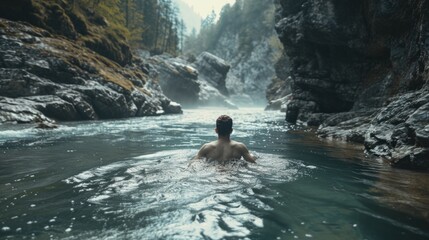 Man swimming in a mountain river 