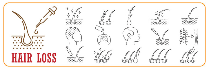 Treatment and Problem of Hair. Hair Beauty Care Line Icon set. Hair Care and Loss Problem. Cosmetic Products for Hairstyle Color Outline Icons. Isolated Vector Illustration - obrazy, fototapety, plakaty
