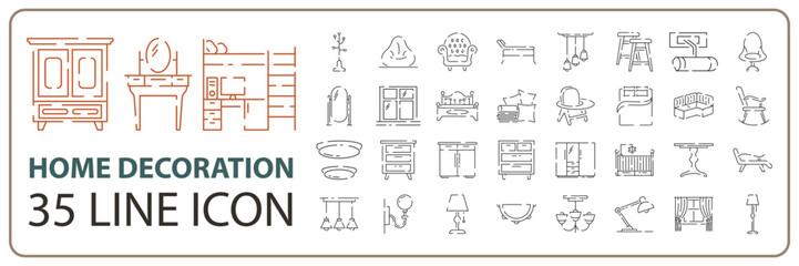 home decoration and furniture thin line icon set, black color, isolated on white background