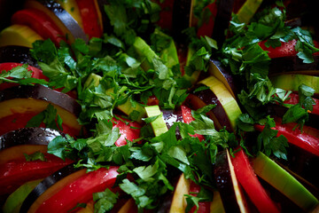 Fresh vegetables in a pan before baking in the oven. Ratatouille.