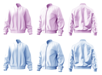 2 Set of pastel light blue purple violet, unisex bomber jacket with full zip zipper collar, front back side view on transparent background cutout, PNG file. Mockup template for artwork graphic design
