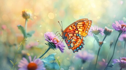 Obraz premium Butterfly and Flowers Nature Wallpaper, generative ai