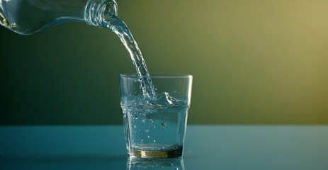 Clean drinking water pours from a bottle into a glass glass