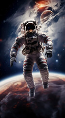 Fototapeta premium Astronaut spaceman do spacewalk while working for space station in outer space. Man in a spacesuit in outer space. Science fiction fantasy. Cosmonautics day concept. Vertical Banner
