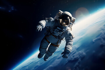 Astronaut spaceman do spacewalk while working for space station in outer space. Man in a spacesuit in outer space. Science fiction fantasy. Cosmonautics day concept. 