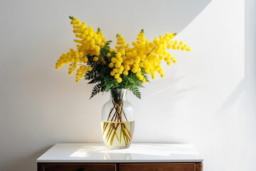  Vase with beautiful mimosa flowers on end table near white wall