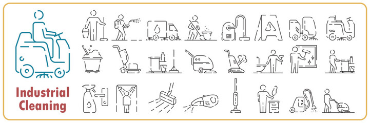 Industrial cleaning line icon set. Carpet cleaning. Detergent. Best quality cleaning. Special stain remover. Industrial vacuum. Vector Thin Line Icon. Simple Minimal