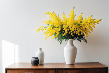  Vase with beautiful mimosa flowers on end table near white wall