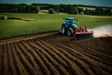 Modern tractor working in the field.