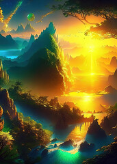 amazing golden dawn over the new civilizations, lush green forest, generated by Ai - 713837735
