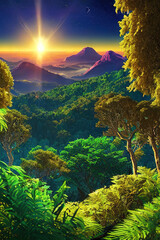 amazing golden dawn over the new civilizations, lush green forest, generated by Ai - 713837788