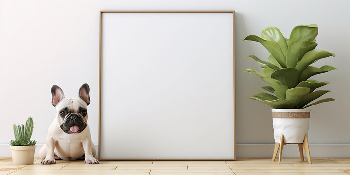 mockup, a picture in a frame stands on the floor, against the background of a white wall next to a cute French bulldog dog. minimalist interior