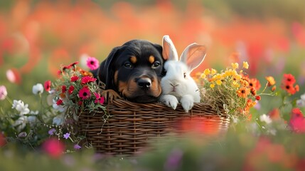 Rottweiler puppy and a white bunny snuggled in an Easter basket 
