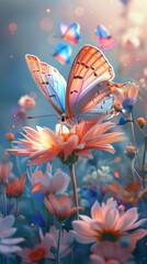Obraz na płótnie Canvas Butterfly and Flowers Summer Wallpaper, generative ai
