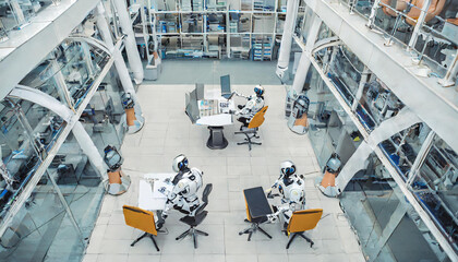 Interior of futuristic office with AI robots working inside. Generative AI.