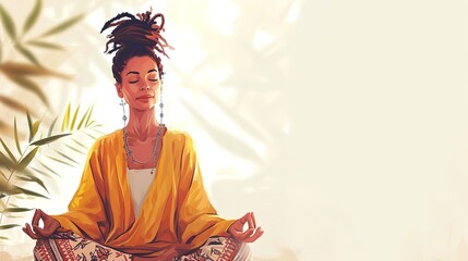 flat illustration, woman meditating peacefully with eyes closed against light modern interior, embodying concepts of wellness, mental health, and spiritual retreats.